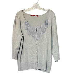 Red Ruffle Embellished Cardigan with Pearl Buttons Sz 2X Gray Coquette R…